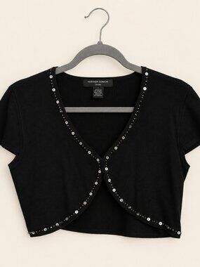 Maranda Gordon Studio Black Sequin Bead Trim Cropped Cardigan Shrug L